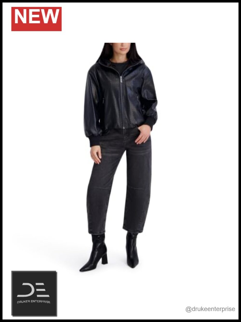 Hooded Faux Leather Bubble Hem Jacket Zip Front Casual